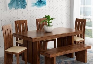 Buy Delmonte Solid Wood 6 Seater Dining Set with Bench in Walnut Finish at 58% OFF by @home _ Pepperfry